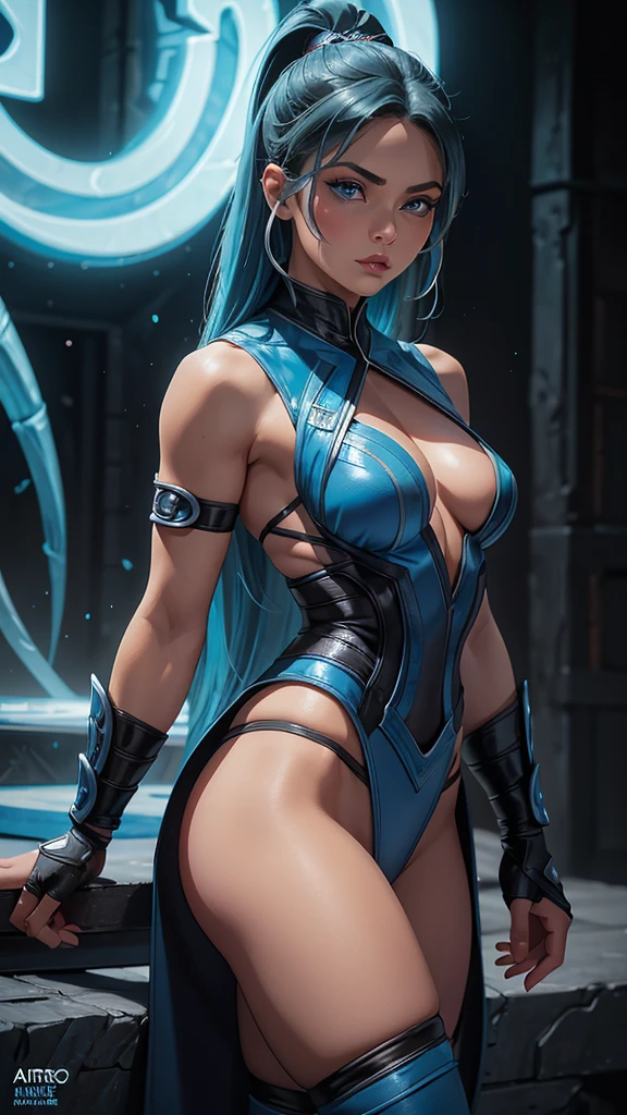 Sub-Zero versión mujer, (Mortal Kombat), sexy girl, poderosa, traje clásico negro con azul, YOUNG, skynny body, small and beautiful buttocks, toned abdomen, small and beautiful breasts, obscene, sensual, esta en la plataforma del torneo de artes marciales del inframundo, dramatic background, partículas de energia, ella esta dando una patada al aire, ella esta peleando, sensual look, beautiful blue eyes, classic hairstyle,Hair dyed in bright blonde color, best quality,4k,8k,A high resolution,masterpiece,ultra detailed,Realistic, Photorealistic,photo realistic, ultra realista 