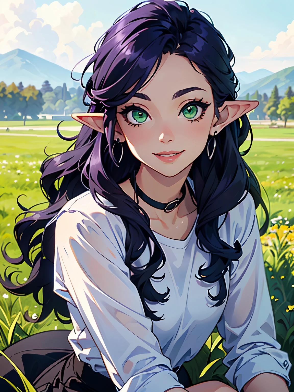 masterpiece, high quality, (1_woman), (upper body), (exotic skin_complexion), mature, smiling, grinning, beautiful, exotic, with long elf ears, wearing white long sleeved shirt, black short sleeved t-shirt on top, black shorts, (bulge), (bright purple hair), long hair, ((wavy hair)), realistic and detailed face having diamond shaped eyes, (((green eyes)), dark_eyeliner, long_eyelashes), natural dynamic lighting casts detailed shadows, black thigh highs, knee high dark brown boots, outside, grassy field,