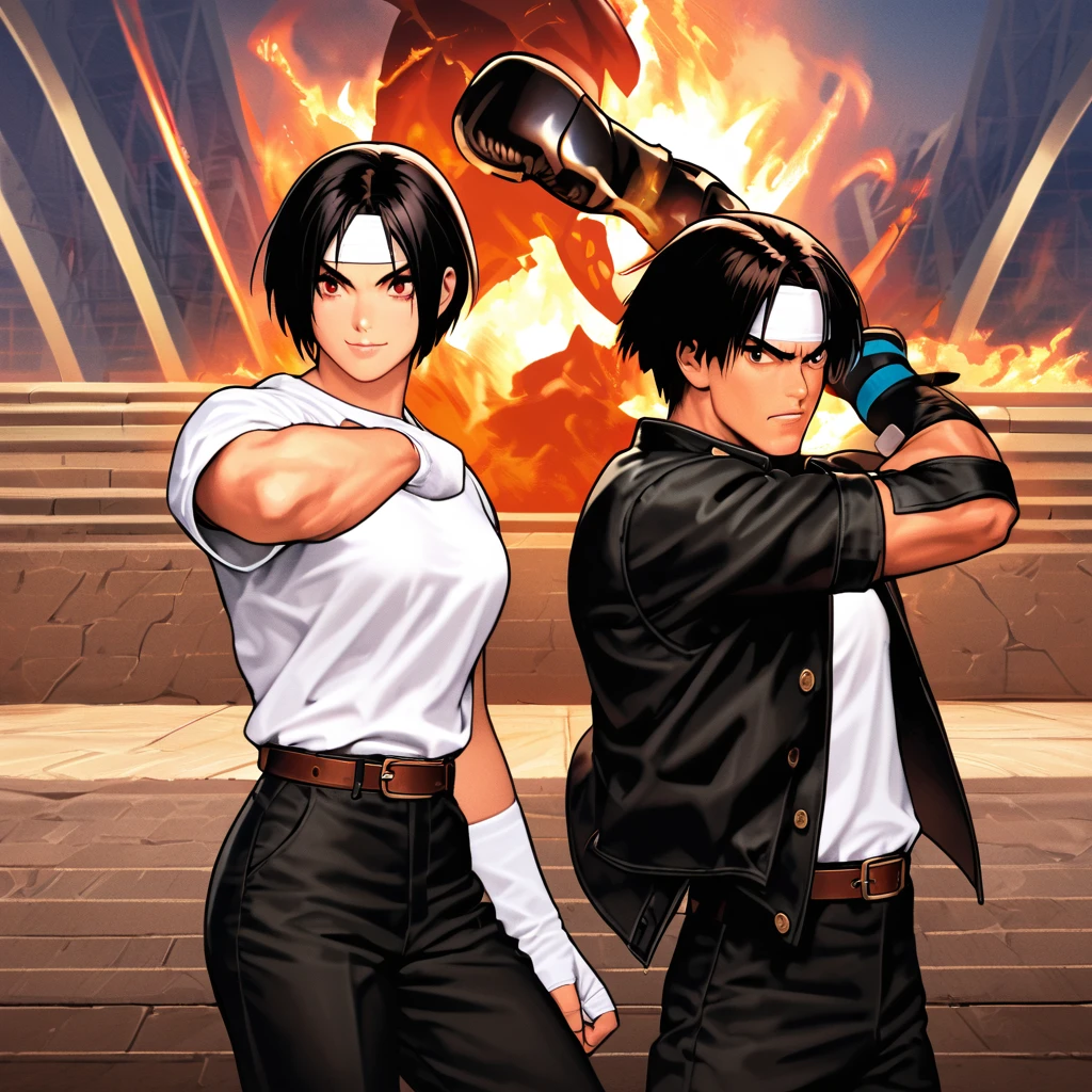 masterpiece, 2 people, Man and woman quarrel, One to One, 最high resolution, 8k, ((Fight scene)), Fighting Pose, Fighting： 1. 5,(kyo kusanagi), Man has black skin、Red eyes, One person, ((white headband)) ツーshot, Black jacket（Roll up your sleeves）, Fingerless gloves, Black Hair, White T-shirt, Black trousers, White shoes, Brown belt, boyish, good looking, shot, Charm, masterpiece, high resolution, Detailed face, granular, morning, A confident smile, Fighting man and woman with the Arles amphitheater in the background, much-air-laden cheer, Same hairstyle, Same hair and clothes, Angry face： 1.Attack Speed 5, Fast Attack, Angry face, Angry face