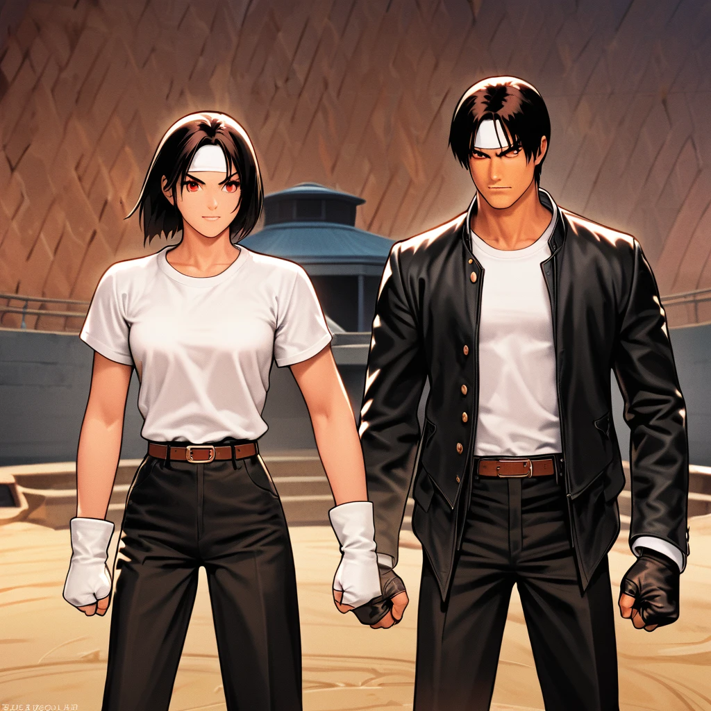 masterpiece, 2 people, Man and woman quarrel, One to One, 最high resolution, 8k, ((Fight scene)), Fighting Pose, Fighting: 1. 5,(kyo kusanagi), Man has black skin、Red eyes, One person, ((white headband)) ツーshot, Black jacket(Roll up your sleeves), Fingerless gloves, Black Hair, White T-shirt, Black trousers, White shoes, Brown belt, boyish, good looking, shot, Charm, masterpiece, high resolution, Detailed face, granular, morning, A confident smile, Fighting man and woman with the Arles amphitheater in the background, much-air-laden cheer, Same hairstyle, Same hair and clothes, Angry face: 1.Attack Speed 5, Fast Attack, Angry face, Angry face