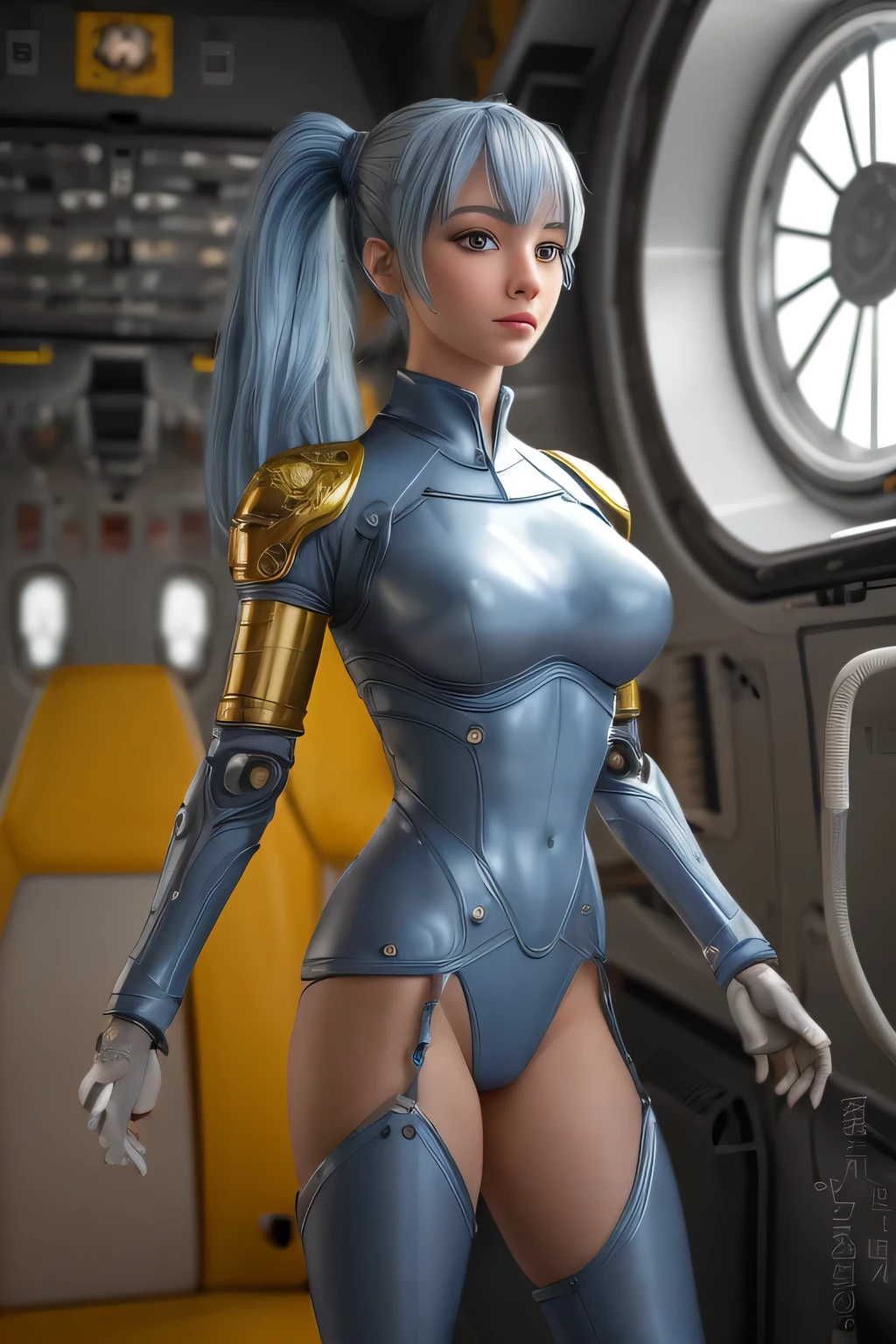 (((masterpiece))), (((best quality))), ((ultra-detailed)), (highly detailed CG illustration), ((an extremely delicate and beautiful)), cinematic light,((1girl)), solo, (upper body), (character focus), absurdres, high contrast, extreme detailed,colorful,highest detailed, science fiction, nanosuit, high ponytail, (light blue hair), yellow eyes, knee boots, (spacecraft interior), mechanical limbs, large breasts, metal wire,