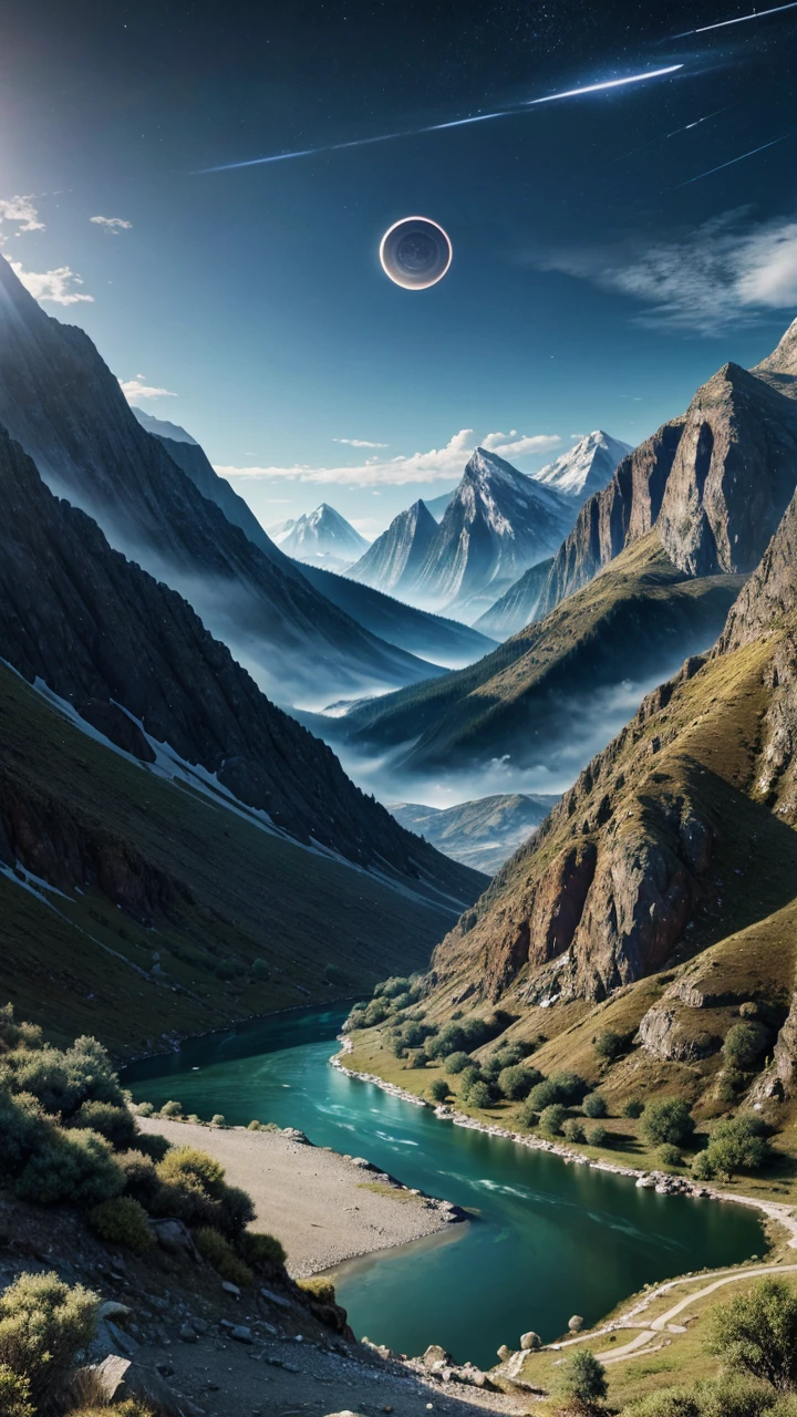 mountains with a river in the foreground and  behind a saturn with blue ring in the sky, 4k highly detailed digital art, 8k stunning artwork, 4k detailed digital art, beautiful art uhd 4 k, epic dreamlike fantasy landscape, impressive fantasy landscape, 8k high quality detailed art, digital art 8k, digital art 8 k, mystical fantasy landscape, amazing mobile wallpaper.