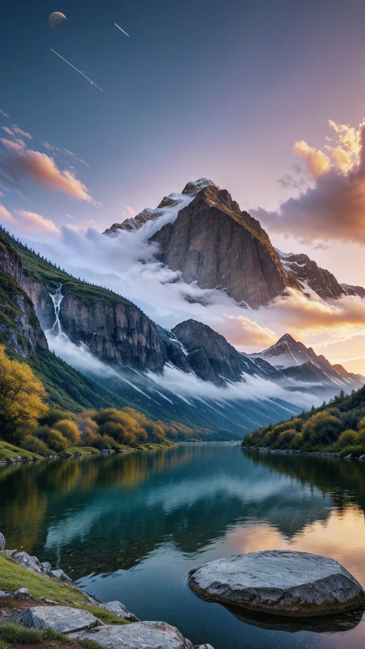 mountains with a river in the foreground and behind a saturn with blue ring in the sky, 4k highly detailed digital art, 8k stunning artwork, 4k detailed digital art, beautiful art uhd 4 k, epic dreamlike fantasy landscape, impressive fantasy landscape, 8k high quality detailed art, digital art 8k, digital art 8 k, mystical fantasy landscape, amazing mobile wallpaper.