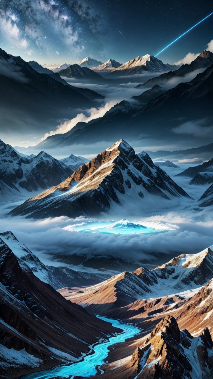 mountains with a river in the foreground and behind a saturn with blue ring in the sky, 4k highly detailed digital art, 8k stunning artwork, 4k detailed digital art, beautiful art uhd 4 k, epic dreamlike fantasy landscape, impressive fantasy landscape, 8k high quality detailed art, digital art 8k, digital art 8 k, mystical fantasy landscape, amazing mobile wallpaper.