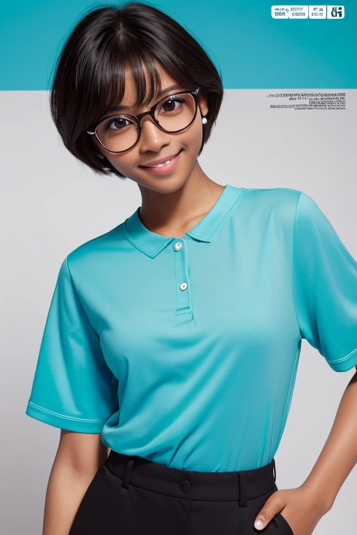 One girl, Round Glasses, Big glasses, smile, Looking into the camera, Short, unkempt hair, Dark skin, Round eyes, Cyan Blue Shirt, Black shorts, close, Magazine shots, Dynamic pose
