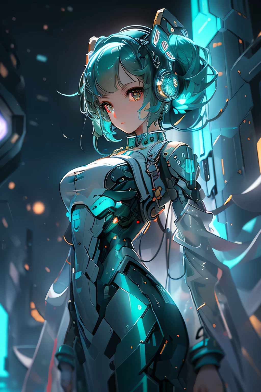 CG Mech, Hatsune Miku, Beautiful Eyes, Upper Body Portrait, High-Definition, 8K RAW, Best Quality Masterpiece, Ultra High Resolution, Colorful, Medium Wide Shot, Dynamic Perspective, Sharp Focus, Depth of Field (Bokeh: 1.3), Extremely Detailed Eyes and Face, Beautifully Detailed Eyes, Large Breasts, Black Gold Trimmed Gear (1.2), Set in a Futuristic Weapons Factory (1.2), Masterpiece, Best Quality, Detailed Background Showcasing a Spaceship Interior, 3D Style.
In this stunning