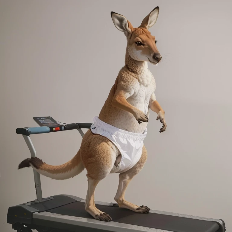 araffe on a treadie with a diaper on it, subject : kangaroo, subject: kangaroo, kangaroo, spy kangaroo, pete davidson walking a kangaroo, trapped on a hedonic treadmill, hedonic treadmill, kangaroos, working out, chasing a kangaroo, australian, a hyper realistic, slightly muscular, mesomorph, in australia