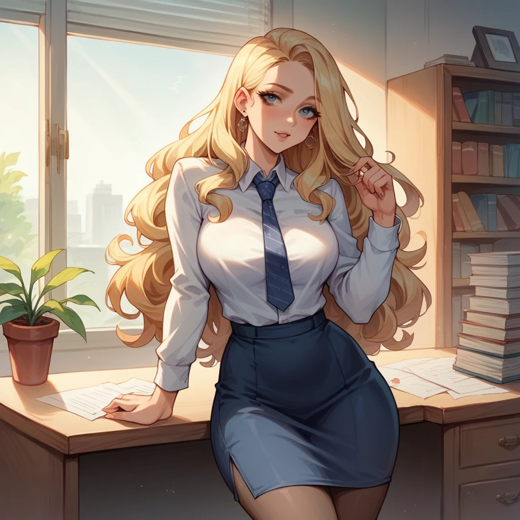 Beautiful woman, 25 years old, not very tall, long curly light blonde hair, slim waist, big tits, shapely and big hips. She begins to undress her secretary uniform with tie, office