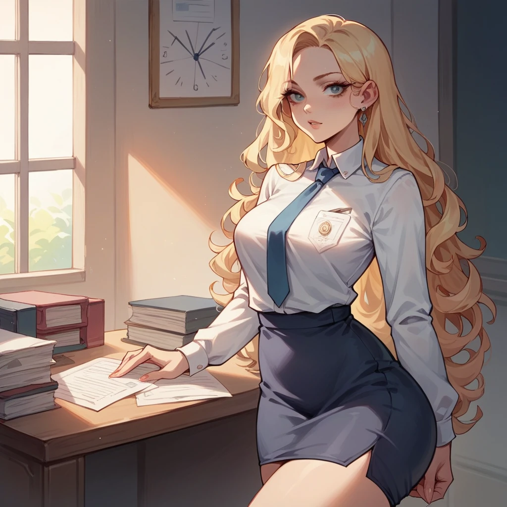 Beautiful woman, 25 years old, not very tall, long curly light blonde hair, slim waist, big tits, shapely and big hips. She begins to undress her secretary uniform with tie, office