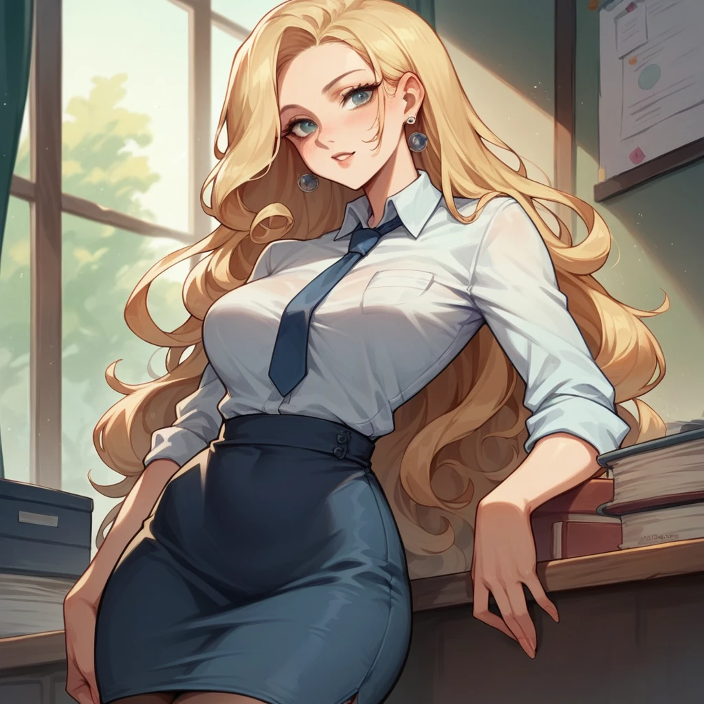 Beautiful woman, 25 years old, not very tall, long curly light blonde hair, slim waist, big tits, shapely and big hips. She begins to undress her secretary uniform with tie, office