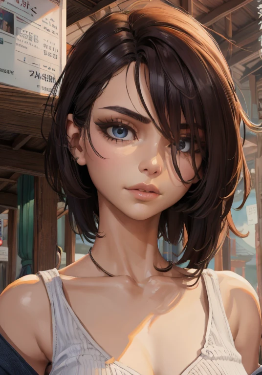 a close up of a woman with a white top and a necklace, beautiful japanese girls face, girl cute-fine-face, with short hair, sharp beautiful face, beautiful asian girl, asian beautiful face, japanese model, young cute wan asian face, beautiful girl model, portrait cute-fine-face, attractive beautiful face, beautiful south korean woman, extremely beautiful face
