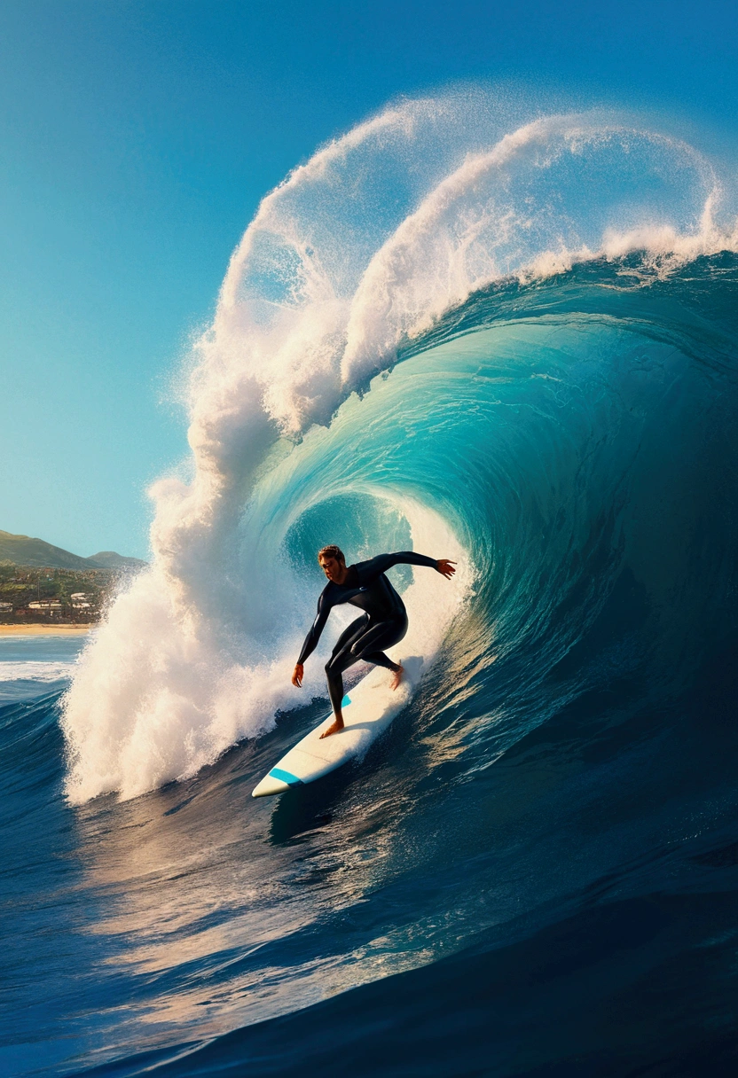 Surfing Surfer on surfboard, high waves, by Alena Aenami, full body, cinematic still, (best quality, masterpiece, photorealistic), very aesthetic, perfect composition, intricate details, ultra-detailed, vivid colors