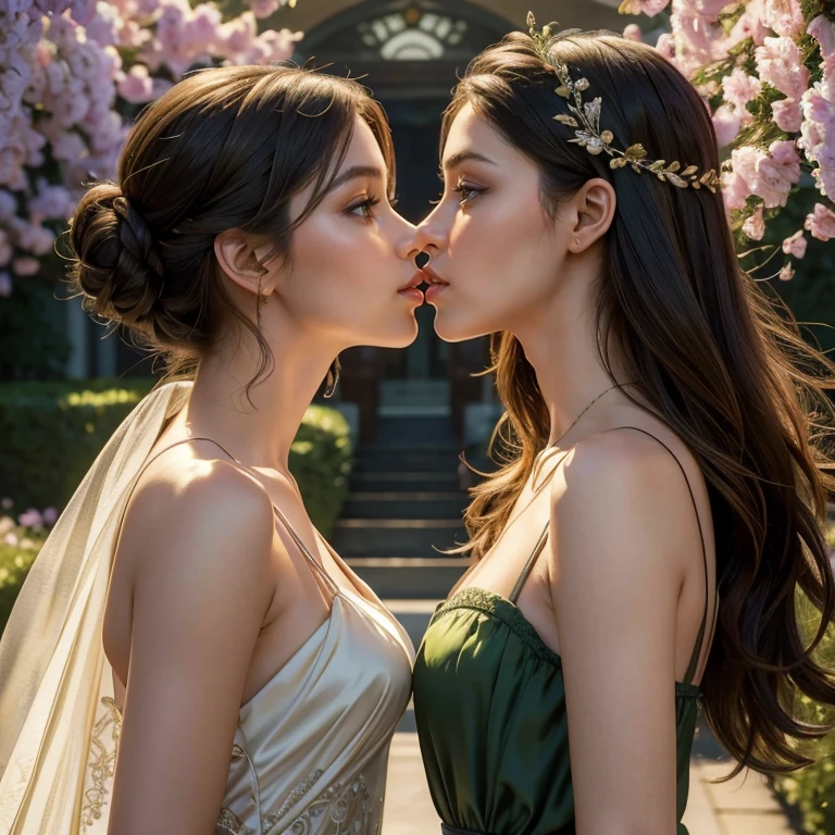 (masterpiece, best quality:1.5), highest quality, High resolution, super detailed, Realists, Full body photo of brunette woman, detailed and beautiful eyes, beautiful detailed lips, very detailed eyes and face, longeyelashes, Woman in green dress, Beautiful and colorful makeup, elegant and noble々The Juwelen bag, Gardens as background, soft daylight, bright colors, fine brushstrokes, Portrait style, Silk dress fabric, beautiful color palette, glowing skin, First-class rendering, that captures every detail, enchanting atmosphere, subtle shadows and lights, (perfect anatomy:1.2), (Two stunning women are deeply in love:1.4), (kiss:1.2), (magnificent panorama view:1.2)
