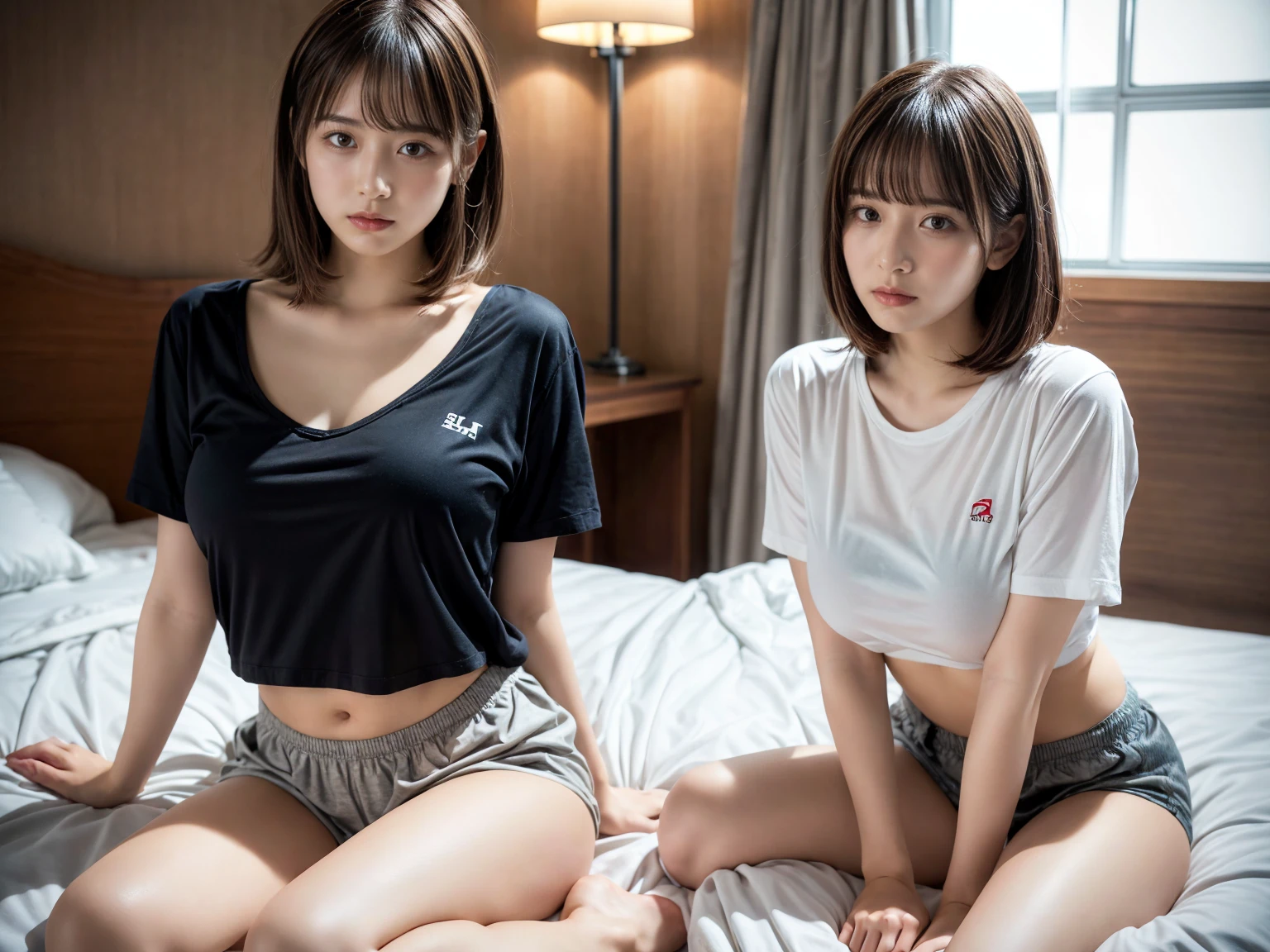 masterpiece, best quality, illustration, Super detailed, fine details, High resolution, 8K,wall paper, perfect dynamic composition,(Details High quality, realistic depiction of eyes:1.3), (2 girls), oversized sport shirt, shorts women, sitting, open legs, short bob hair, in a hotel room in the background, deep on field, large breasts, black hair color, Big Natural Color Lip, (perfect body shape), crying a little、Harajuku style、20 year old girl、cute type、beautiful legs, Gravure Idol