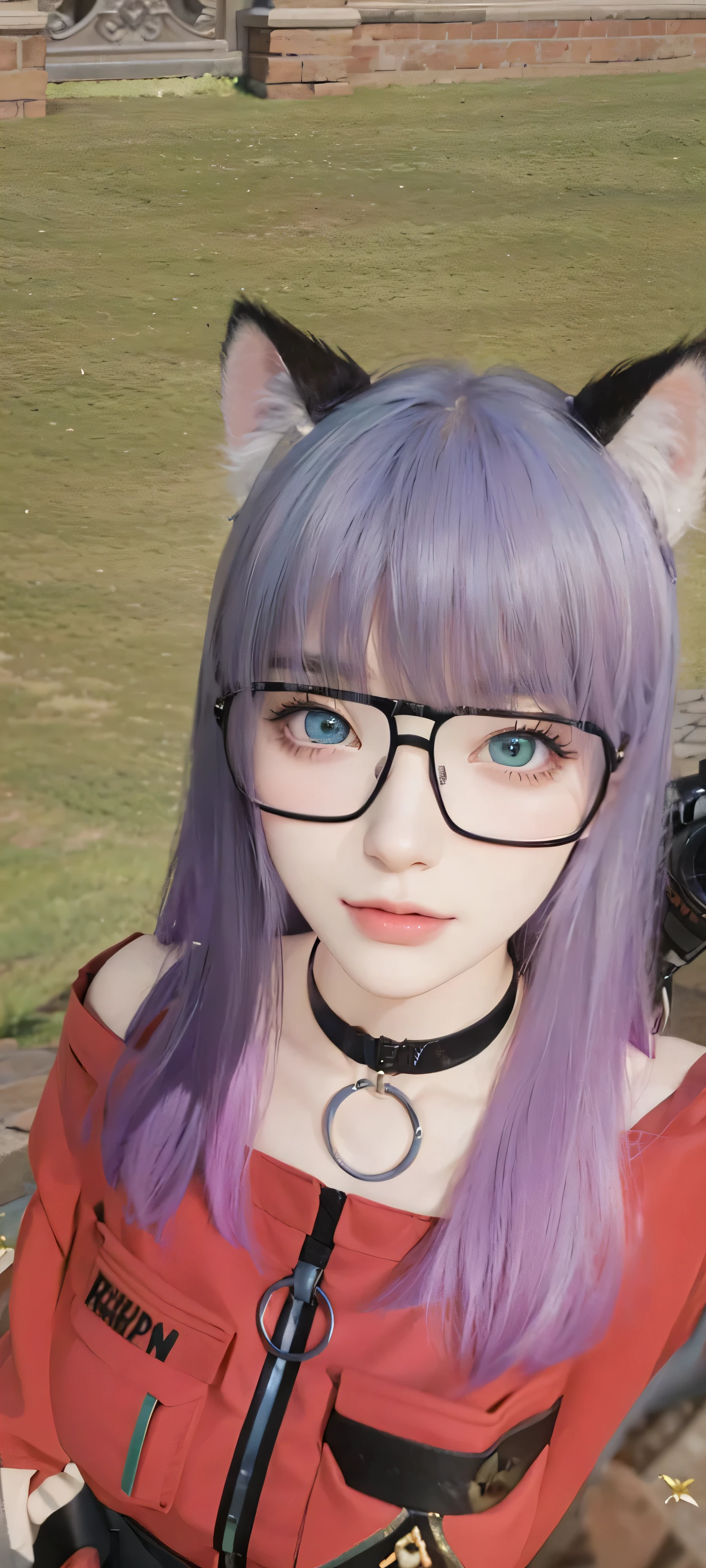 ​masterpiece,DSLR photo,analog style,NikonD5,rialistic photo,Photo of beautiful 20 year old woman,dramatic  lighting(85mm),Blooming garden in the background,(detailed facial features),(detailed shiny blue and green eyes), eye glasses, dynamic ungle,michelangelo style,Long, red sabrina dress, a smile:1.4, cat ear decoration, 