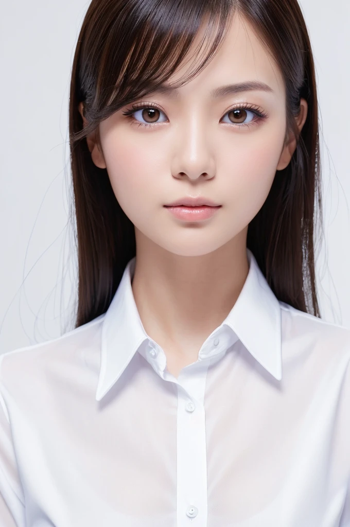 (((masterpiece, High resolution))), perfect face, beauty of Japan, 30 years old, white simple background, business shirt , embarrassed look, (top quality eyes), detailed texture, look at me, cool women, ((high resolution eyes)), (Woman in estrus), panty