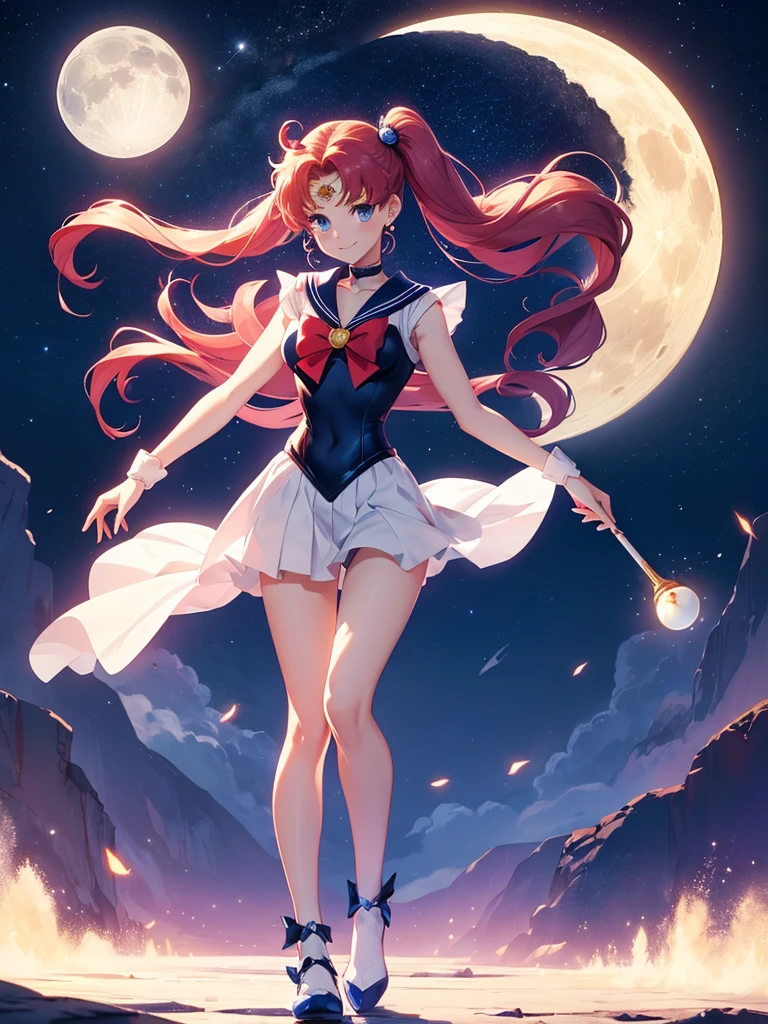Sailor Moon, 1 girl, blue eyes, whole body view, long redhead, carter bell, moon tiara, holding a moon stick, standing on the moon, Earth in the background, space, stars, confident smile
