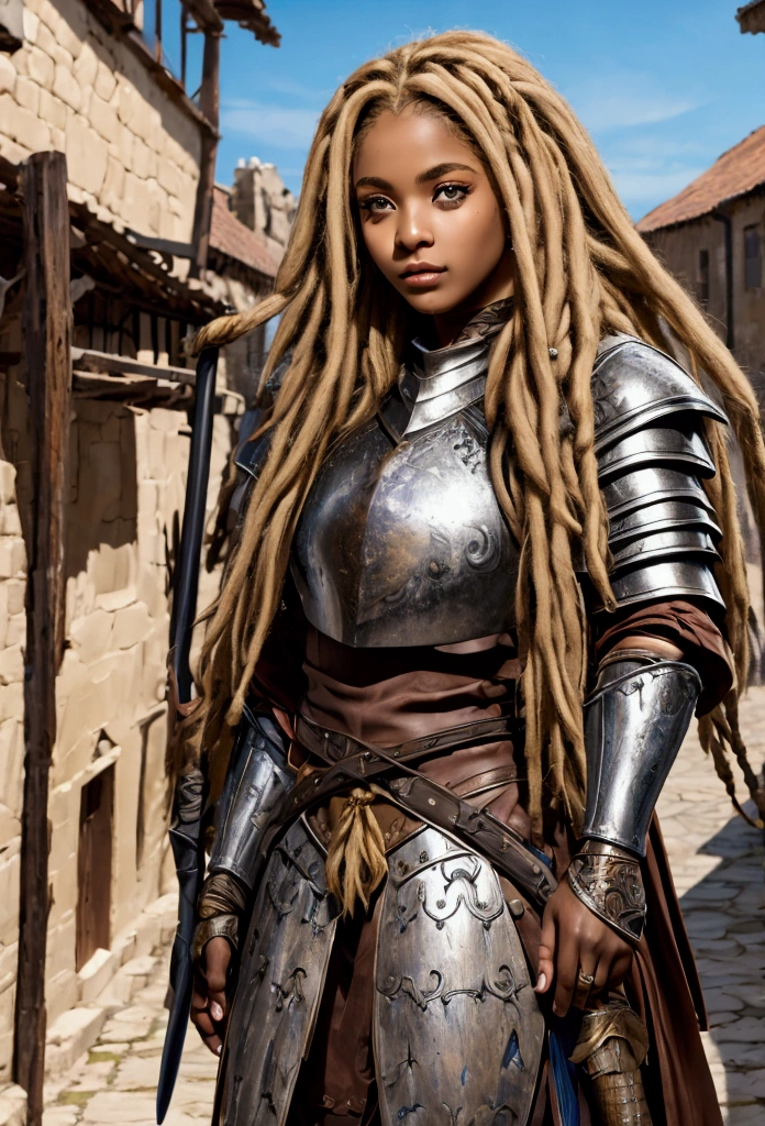 18 year old brown female、Beauty、Blonde、Blonde、Warrior in armor、Completely naked、Dreadlocks、background Medieval port town、High quality p