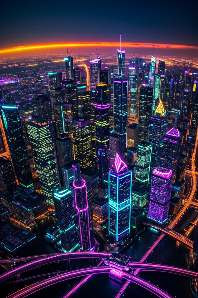 Picture towering skyscrapers with glowing neon lights and flying vehicles weaving through the air. The city is set against a vibrant sky with hues of orange, pink, and purple, creating a dramatic contrast with the sleek, high-tech architecture.