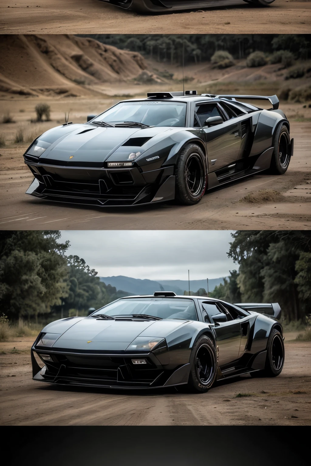 A magnificent fusion of the iconic Lamborghini Countach and a monstrous pickup truck, ((imponente fusión)), ((exceptional combination)), ((true-to-life masterpiece)), showcasing the sleek lines and angular curves of the Countach seamlessly blended with the rugged strength and immense size of a monster truck. ((Supercar Luxuario/Monstruo Camioneta)), ((combinação espetacular)), ((pose sensual)), featuring a towering height, enormous tires, and an imposing grille, this one-of-a-kind creation stands out in the crowd. ((Pick-up)), ((com sombras profundas)), ((detalhado),