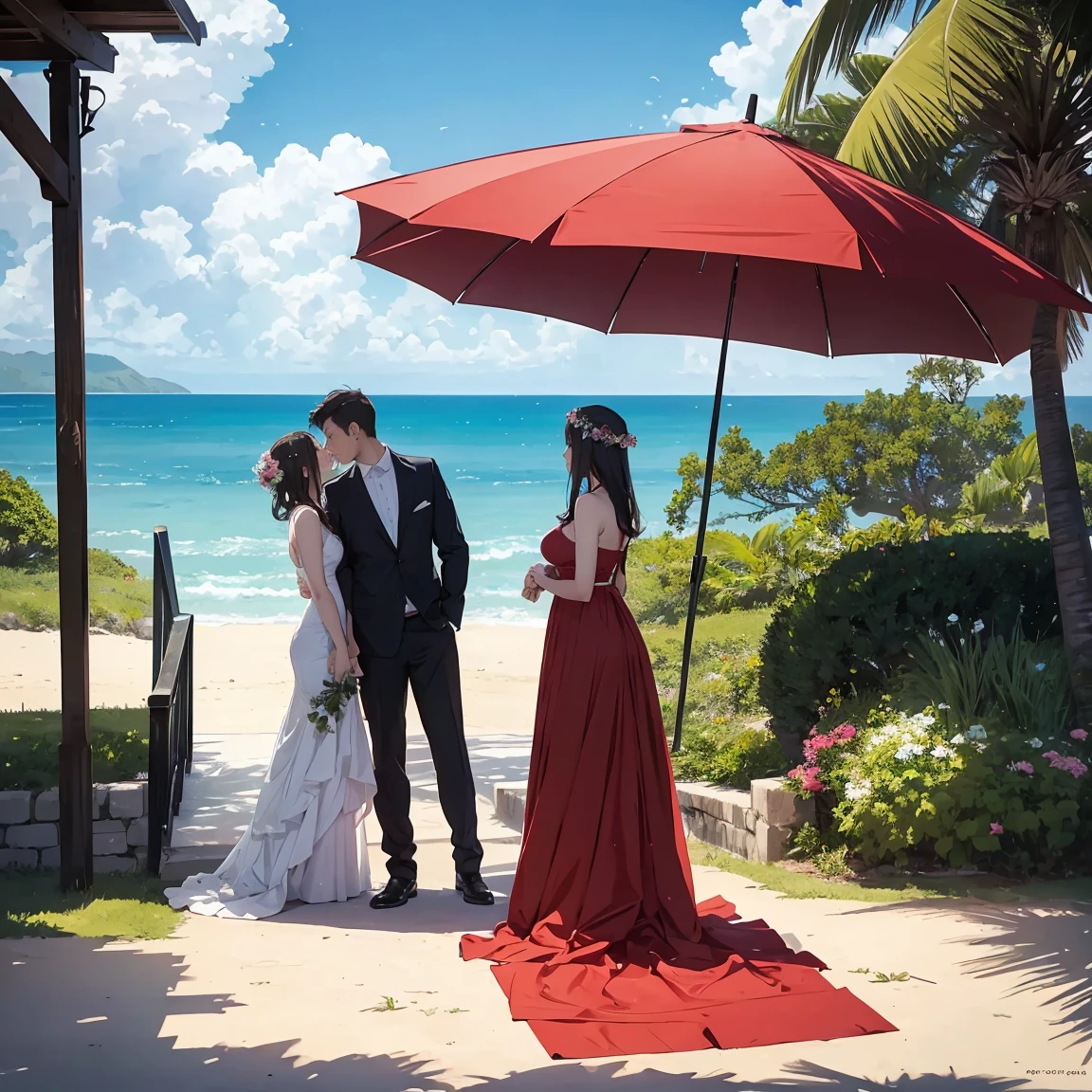 A romantic couple standing together on a beach, holding a red umbrella. The man and woman embrace each other tenderly, looking into each other's eyes with love and affection. The scene is set against a backdrop of a vast ocean, with gentle waves and a beautifully clouded sky. The grass in the foreground is lush and green, providing a soft base for the scene. The image has a slightly painterly effect, with the colors appearing vibrant and soft, reminiscent of an anime or watercolor painting. The overall atmosphere is serene and romantic, capturing a tender moment between the couple. The focus is on the couple, with the background slightly blurred, adding depth to the composition. The photograph is taken from a wide perspective, making the couple appear far away, and capturing a broad view of the sky and landscape. This wide-angle approach emphasizes the expansive beauty of the surroundings, highlighting the serene ocean and the vast, cloud-filled sky, enhancing the dreamy and romantic ambiance of the scene