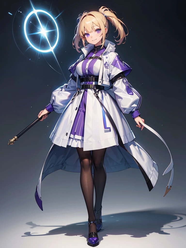 Highest quality,((Highest quality)),((Tabletop)),((Perfect Face)),1 girl.White and purple dress,White jacket,With a cane,armsを持っている,The flames flicker,Blonde,Purple eyes,smile,beauty,((Holographic)),(masterpiece:1.2, Highest quality),(Colored Background) (Beautiful attention to detail: 1.2), (Highly detailed CG Unity 8K wallpapers, masterpiece, Highest quality, Very detailed, Best Shadow), (Detailed Background), White jacket,arms(woman,Carrying a walking stick),alone ,Blonde,Purple eyes,One girl, sketch (Character design sheet, same characters, whole body, Three-View, front, ~ ~ side, return), alone,