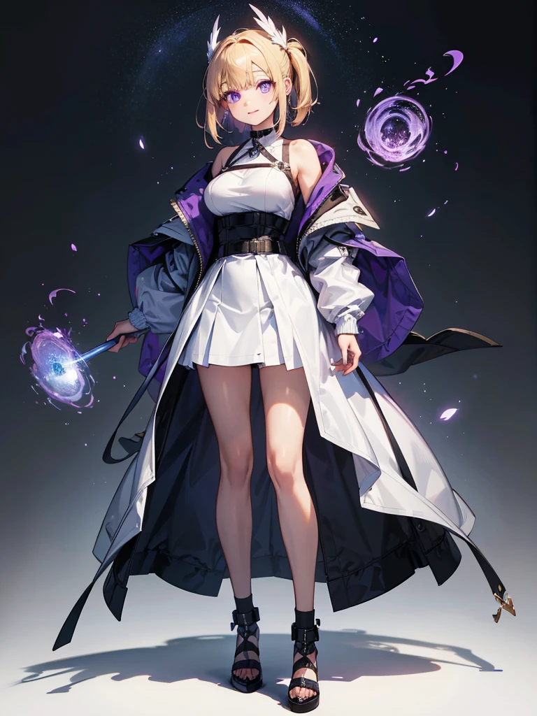 Highest quality,((Highest quality)),((Tabletop)),((Perfect Face)),1 girl.White and purple dress,White jacket,With a cane,armsを持っている,The flames flicker,Blonde,Purple eyes,smile,beauty,((Holographic)),(masterpiece:1.2, Highest quality),(Colored Background) (Beautiful attention to detail: 1.2), (Highly detailed CG Unity 8K wallpapers, masterpiece, Highest quality, Very detailed, Best Shadow), (Detailed Background), White jacket,arms(woman,Carrying a walking stick),alone ,Blonde,Purple eyes,One girl, sketch (Character design sheet, same characters, whole body, Three-View, front, ~ ~ side, return), alone,