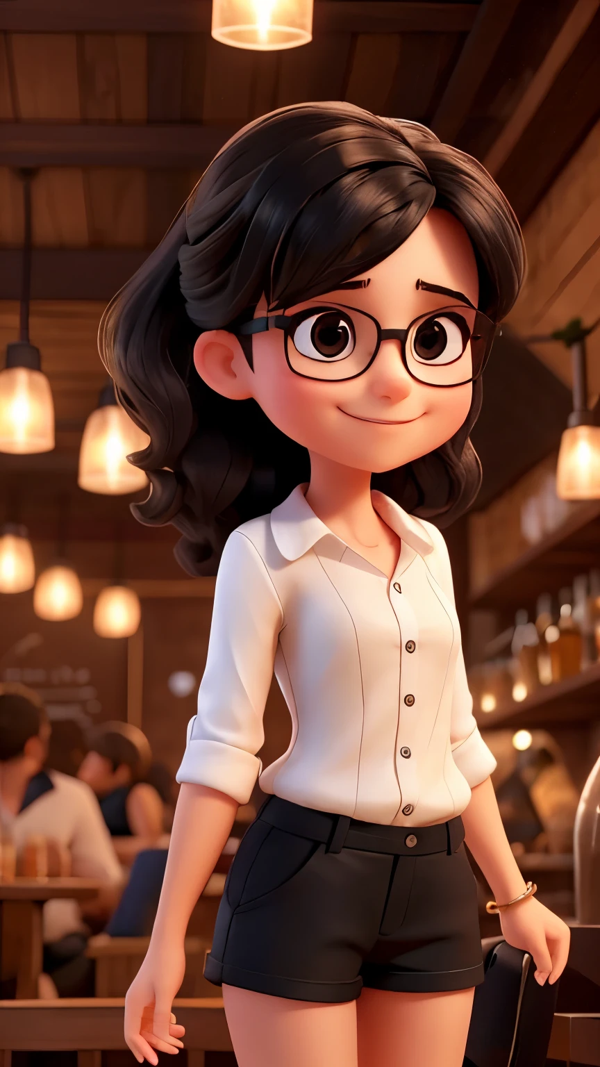 a young woman, she wears glasses. She is very happy. She is in a little beach bar at night. she is celebrating and has a glass of champagne in her hand. She is wearing a cite black and black short shorts. sexy
