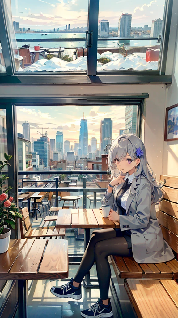 1girl, solo focus, tall female, grey hair, very long hair, purple eyes, large breasts, wide hips, sharp face, jewel-like eyes, serious, tired, wearing long grey coat, black blazer, black legwear, stylish sneakers, accessories, smartwatch, flower hair ornament, cute smile, sitting, cafe, coffee shop ambience, coffee shop aesthetic, snow on window, dawn, window view, massive cityscape, beautiful view, dim-lit ambience, holding coffee, {correct posing}, {detailed clothing}, {detailed body}, {correct body anatomy}, {extremely beautiful and delicate anime face and eyes}, {minute details}, {intricate details}, {delicate}, (masterpiece), (best quality), (wallpaper), (8k hd),