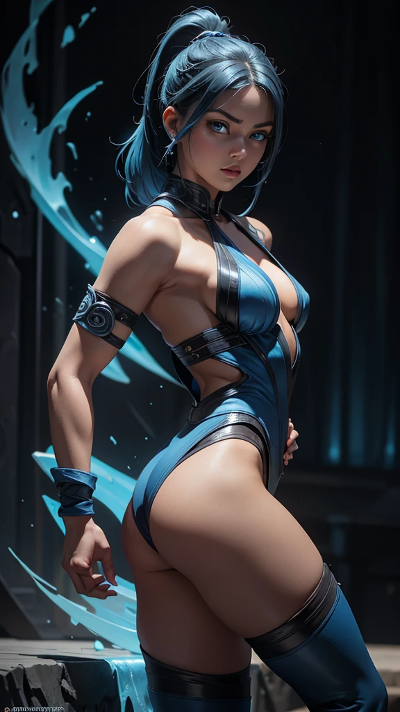 Sub-Zero versión mujer, (Mortal Kombat), sexy girl, poderosa, traje clásico negro con azul, YOUNG, skynny body, small and beautiful buttocks, toned abdomen, small and beautiful breasts, obscene, sensual, esta en la plataforma del torneo de artes marciales del inframundo, dramatic background, partículas de energia, conjela todo a su paso, ella esta dando una patada al aire, ella esta peleando, sensual look, beautiful blue eyes, classic hairstyle,Hair dyed in bright blonde color, best quality,4k,8k,A high resolution,masterpiece,ultra detailed,Realistic, Photorealistic,photo realistic, ultra realista 