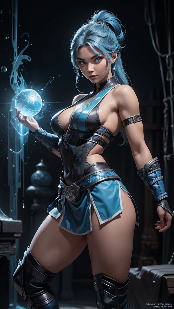 Sub-Zero versión mujer, (Mortal Kombat), sexy girl, poderosa, traje clásico negro con azul, YOUNG, skynny body, small and beautiful buttocks, toned abdomen, small and beautiful breasts, obscene, sensual, esta en la plataforma del torneo de artes marciales del inframundo, dramatic background, partículas de energia, conjela todo a su paso, ella esta dando una patada al aire, ella esta peleando, sensual look, beautiful blue eyes, classic hairstyle,Hair dyed in bright blonde color, best quality,4k,8k,A high resolution,masterpiece,ultra detailed,Realistic, Photorealistic,photo realistic, ultra realista