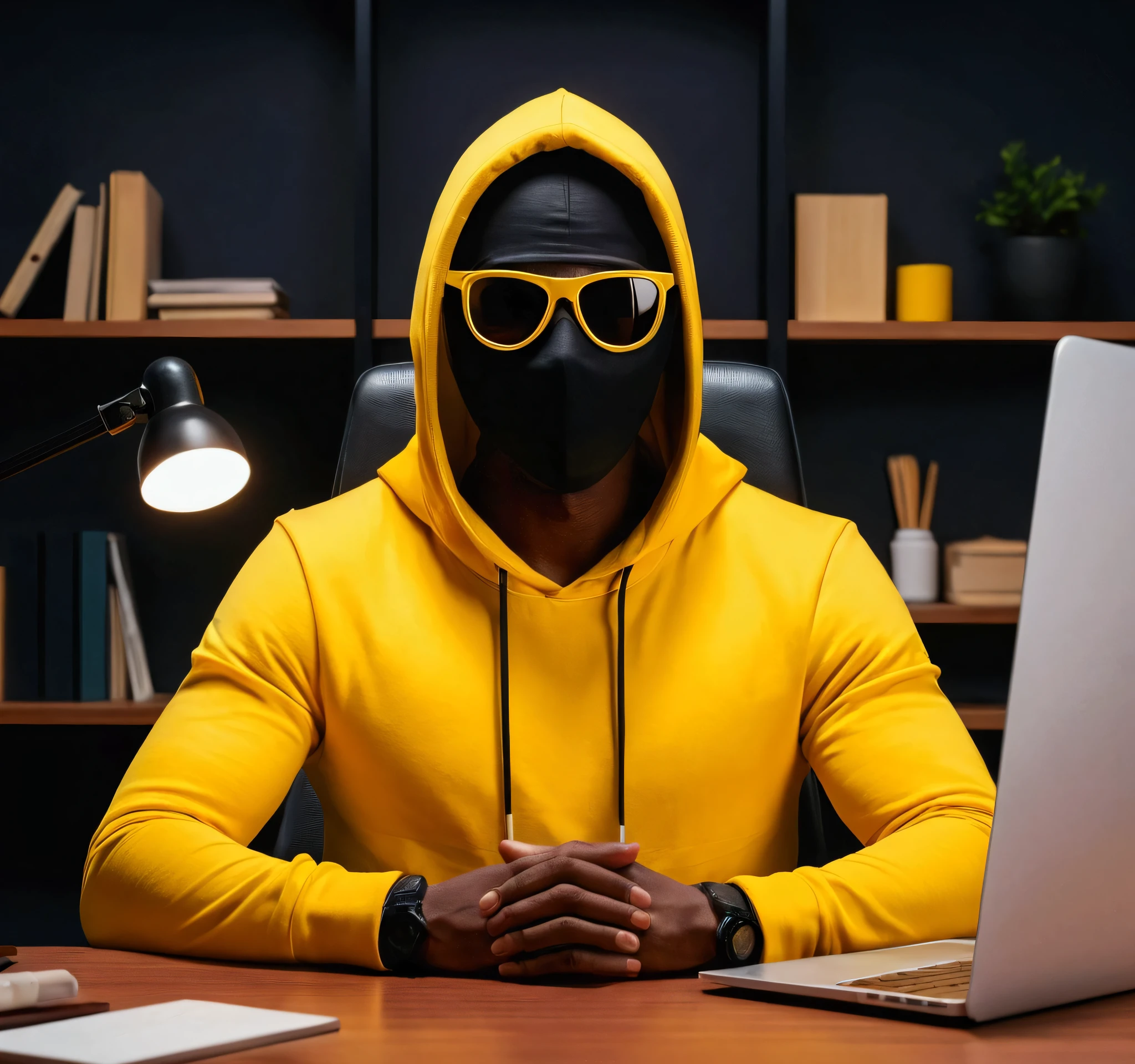 ANIME FRIENDLY LOOKING MALE BUSINESS CHARACTER WHO IS WEARING A BLACK FACE MASK, A YELLOW HOODIE AND SUNGLASSES. HE IS SITTING BEHIND HIS LAPTOP IN HIS OFFICE, ARMS ON HIS DESK. IT IS NIGHT. THE ROOM HAS VOLUMETRIC LIGHTING. HE IS FRONT FACING TO THE CAMERA, LOOKING STRAICHT AND CENTERED, CENTRAL PORTRAIT, SITTING STRAIGHT, FRONT VIEW, CENTERED LOOKING STRAIGHT. THE OVERALL AMBIANCE OF THE IMAGE SHOULD CONVEY A CONNECTION TO MINIMALISM, FLAT ILLUSTRATION, BOLD LINE, MINIMALISM, SIMPLIFIED, GOUACHE ILLUSTRATION. 8K RESOLUTION