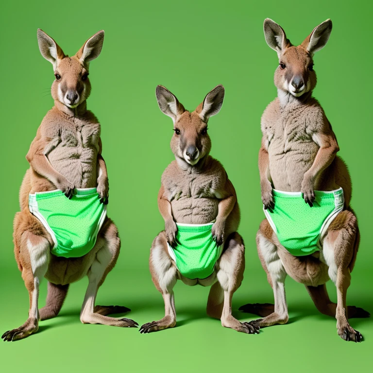 three kangaroos with diapers on their backs standing in front of a green background, kangaroos, subject : kangaroo, subject: kangaroo, green legs, spy kangaroo, kangaroo, green clothes, australian, in australia, australia, wearing green clothing, shutterstock, istock, underwear ad, green clothing, green skin!, 🦑 design, three animals, photo shot