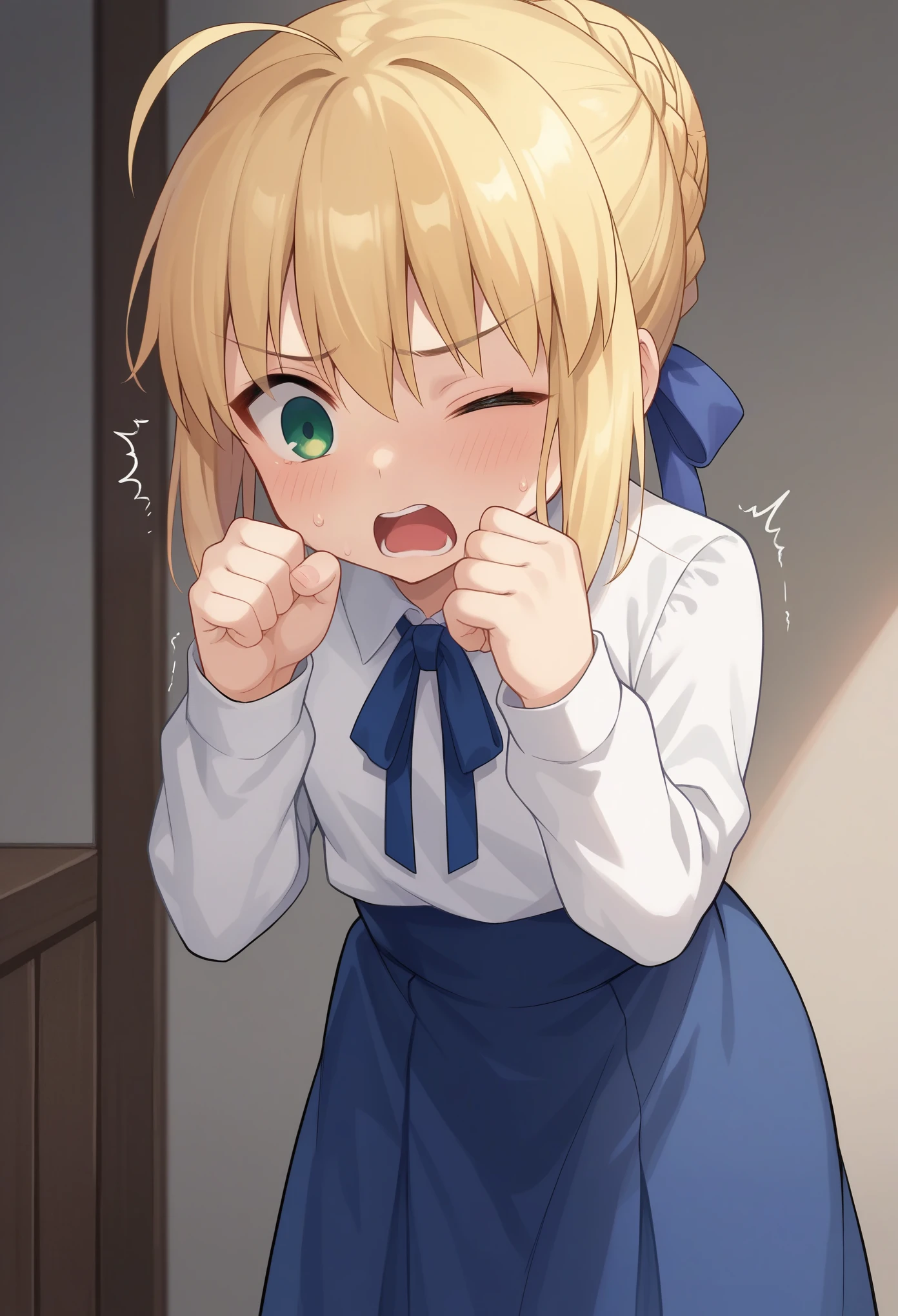 score_9,score_8_up,score_7_up, 1girl, solo, (****), kid, flat chest, character: artoria_pendragon_(fate), character: saber_(fate), green_eyes, hair_between_eyes, blonde_hair, short_hair, single_hair_bun, ahoge, braid, braided_bun, hair_bun, hair_ribbon, sidelocks, shirt, white_shirt, blue_ribbon, long_sleeves, ribbon, single closed eye, blue_skirt, (black pantyhoses), shocking, shocked face, screaming, stiff hands, oversized shirt,, shaking, leaning, forward, sweating, standing, looking down, indoor, bedroom, from frontal