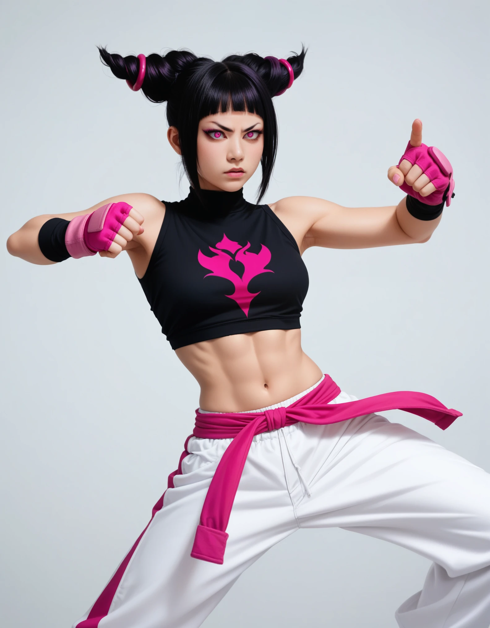Digital illustration of a female character Juri in a dynamic martial arts pose. The character has a fair skin tone and is depicted with black hair styled in two high pigtails, each adorned with pink bands. She has a determined expression with glowing pink eyes, and her right eye is highlighted with a pink X-shaped glow. She is wearing a form-fitting, sleeveless top with a purple and pink design, exposing her midriff. Her left arm is covered with a long purple sleeve, while her right arm is bare, both hands are gloved in pink fingerless gloves. She is also wearing loose white pants with pink and black accents, and her left foot is bare while her right foot is partially visible. The background is plain white, emphasizing the character's dynamic pose and detailed outfit. anime, anatomically correct, super detail, high quality, 4K
