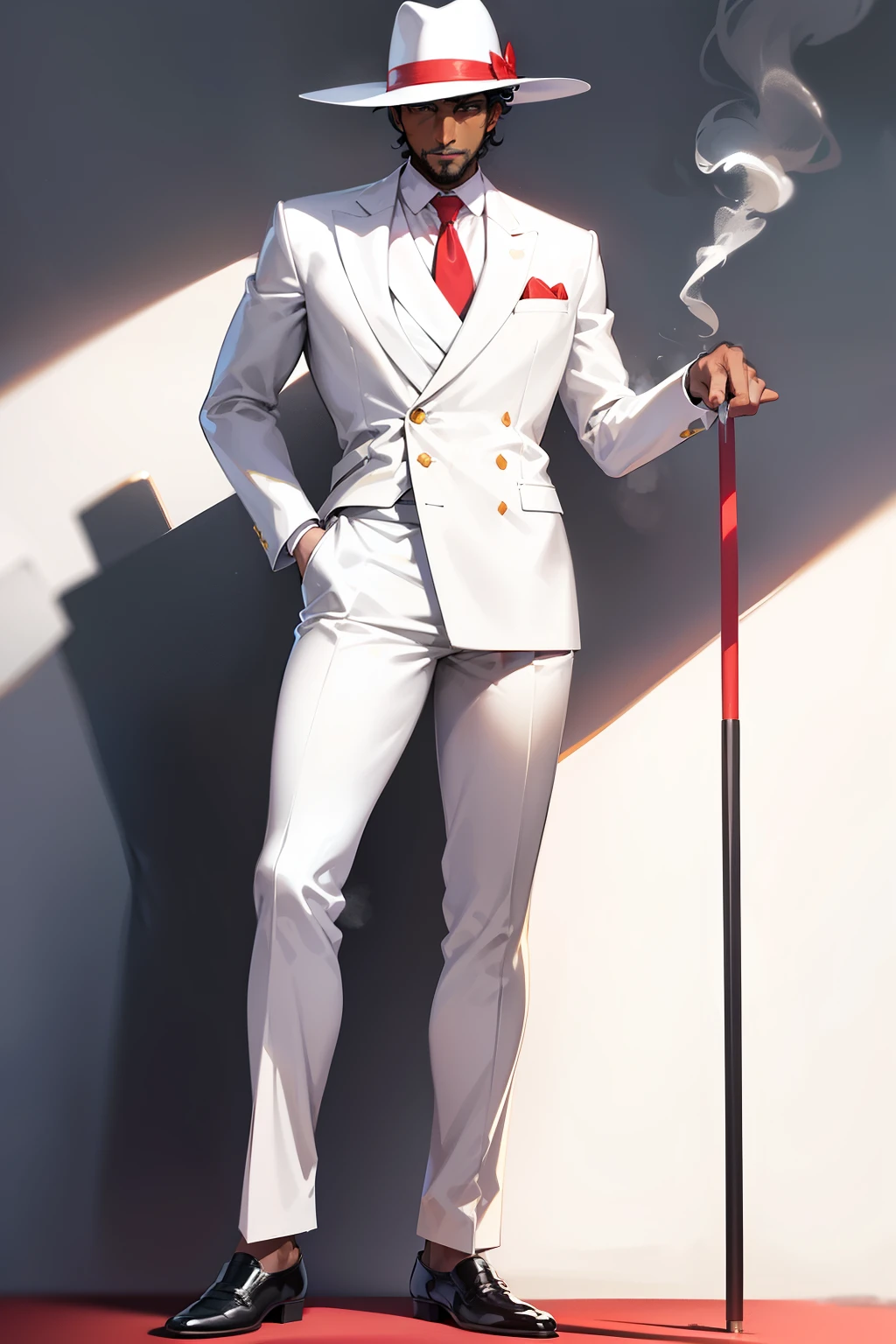 An elegant dark-skinned gentleman, exuding sophistication, stands out in his pristine white suit, complete with a vibrant red tie and a matching white Panama hat adorned by a crimson ribbon. His impeccable white shoes polished to perfection, he leans confidently against a sleek pole, emanating an enigmatic smile as he holds a cigarette between his fingers, the smoke curling up against the stark white background. In his other hand, he casually grips a cane, adding an air of mystery and charm to this masterpiece of a scene.