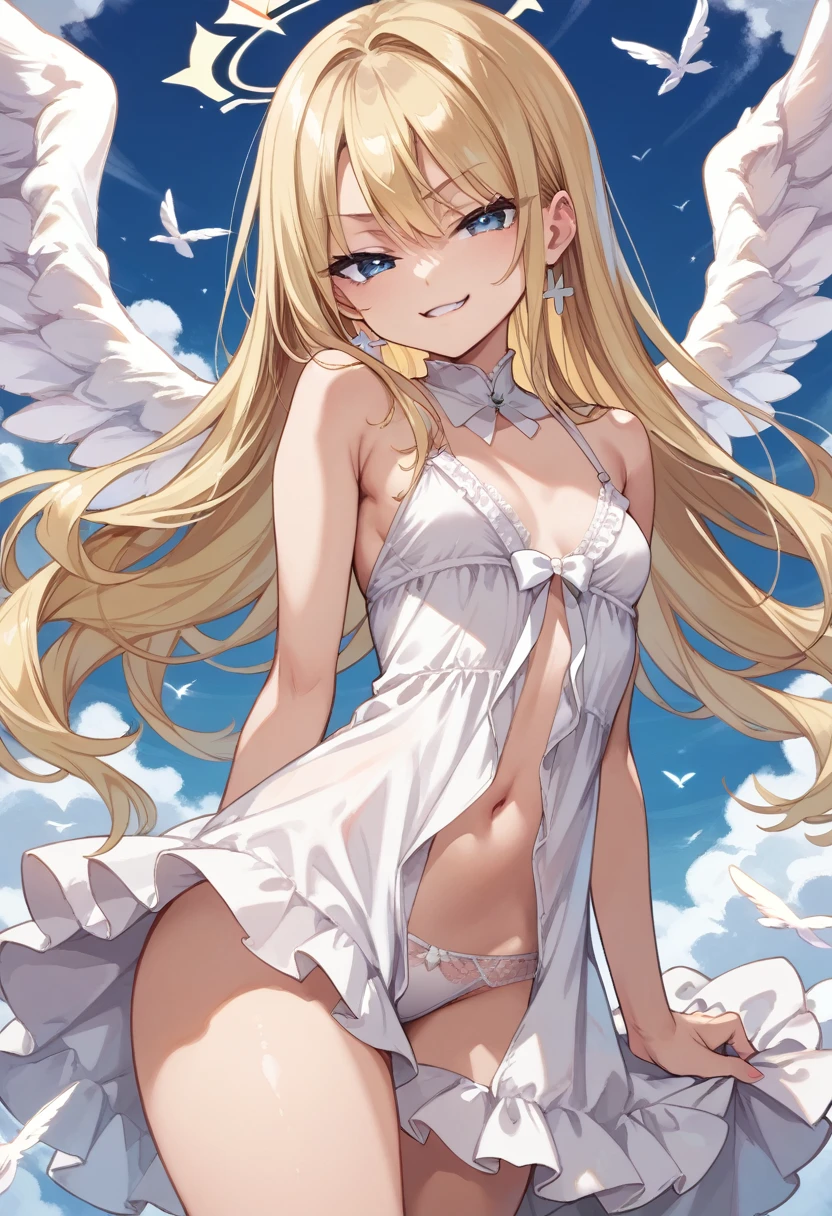 Score_9, score_8_up, 4k, 8k, detailed face, source_anime, smug angel girl with small breasts, pretty girl, thick thighs, blonde hair, long hair, (butakoma 300g), angel wings, white outfit, white babydoll,