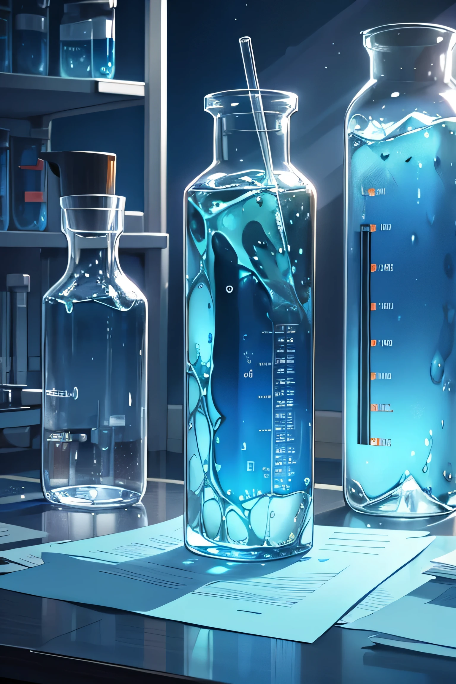 Close up of a medical test tube with blue, like water in the sea, liquid inside, standing on a table in a school laboratory, Numerous sheets of notes and formulas are scattered around, Anatomical atlases, other test tubes. School laboratory window in the background. anime style