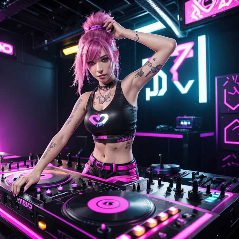 arafed woman in a black top and shorts, pink hair, playing a game of dj, cyber punk setting, raver girl, rave girl, dj rave party, dj at a nightclub dancing inspired, playing techno house music, turntablism dj scratching, cyberpunk 20 y. o model girl, rave outfit, fanart