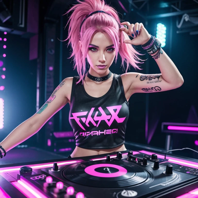 arafed woman in a black top and shorts, pink hair, playing a game of dj, cyber punk setting, raver girl, rave girl, dj rave party, dj at a nightclub dancing inspired, playing techno house music, turntablism dj scratching, cyberpunk 20 y. o model girl, rave outfit, fanart