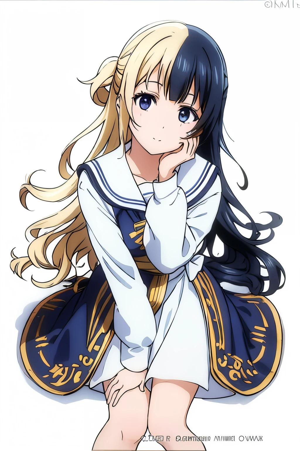 straight bangs curly hair right side black and left side white, right eye black and left eye gold, wears sky blue sailor dress.