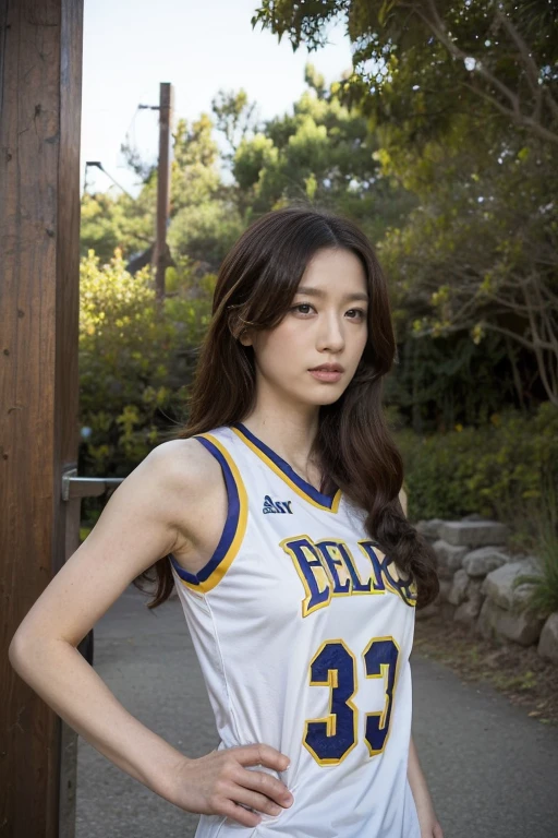 1 woman standing, Wearing a basketball jersey, Very detailed, Practical, 30 years old, Long hair