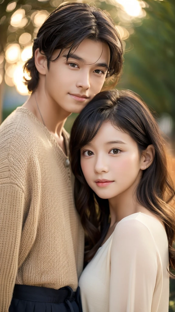 Make children from a couple where a man is tall with a light tan complexion, Brown eyes, straight black hair of a short woman, dark hair color wavy eyes dark color