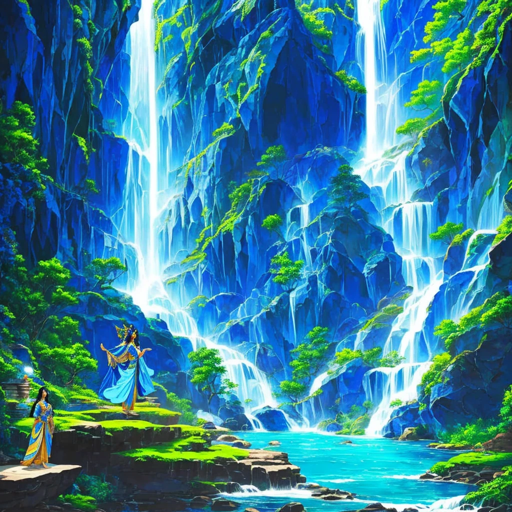 Beautiful south east asian goddess wearing blue ancient robe flying down near a waterfall