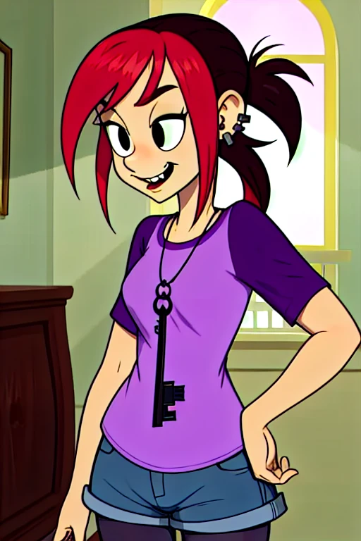Mina,red hair,two-tone hair,small ponytail,black eyes,
purple shirt,short sleeves,key necklace,pantyhose,jean shorts,stud earrings,
large spooky mansion, happy,
standing,upper body, indoors,
(insanely detailed, masterpiece, best quality),
solo,