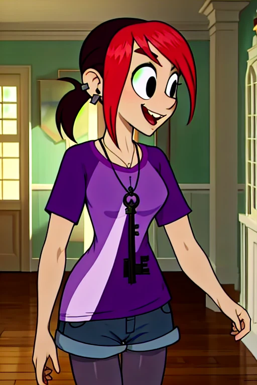 Mina,red hair,two-tone hair,small ponytail,black eyes,
purple shirt,short sleeves,key necklace,pantyhose,jean shorts,stud earrings,
large spooky mansion, happy,
standing,upper body, indoors,
(insanely detailed, masterpiece, best quality),
solo,