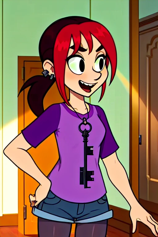 Mina,red hair,two-tone hair,small ponytail,black eyes,
purple shirt,short sleeves,key necklace,pantyhose,jean shorts,stud earrings,
large spooky mansion,  happy,  
standing,upper body, indoors,  
(insanely detailed, masterpiece, best quality),
solo,