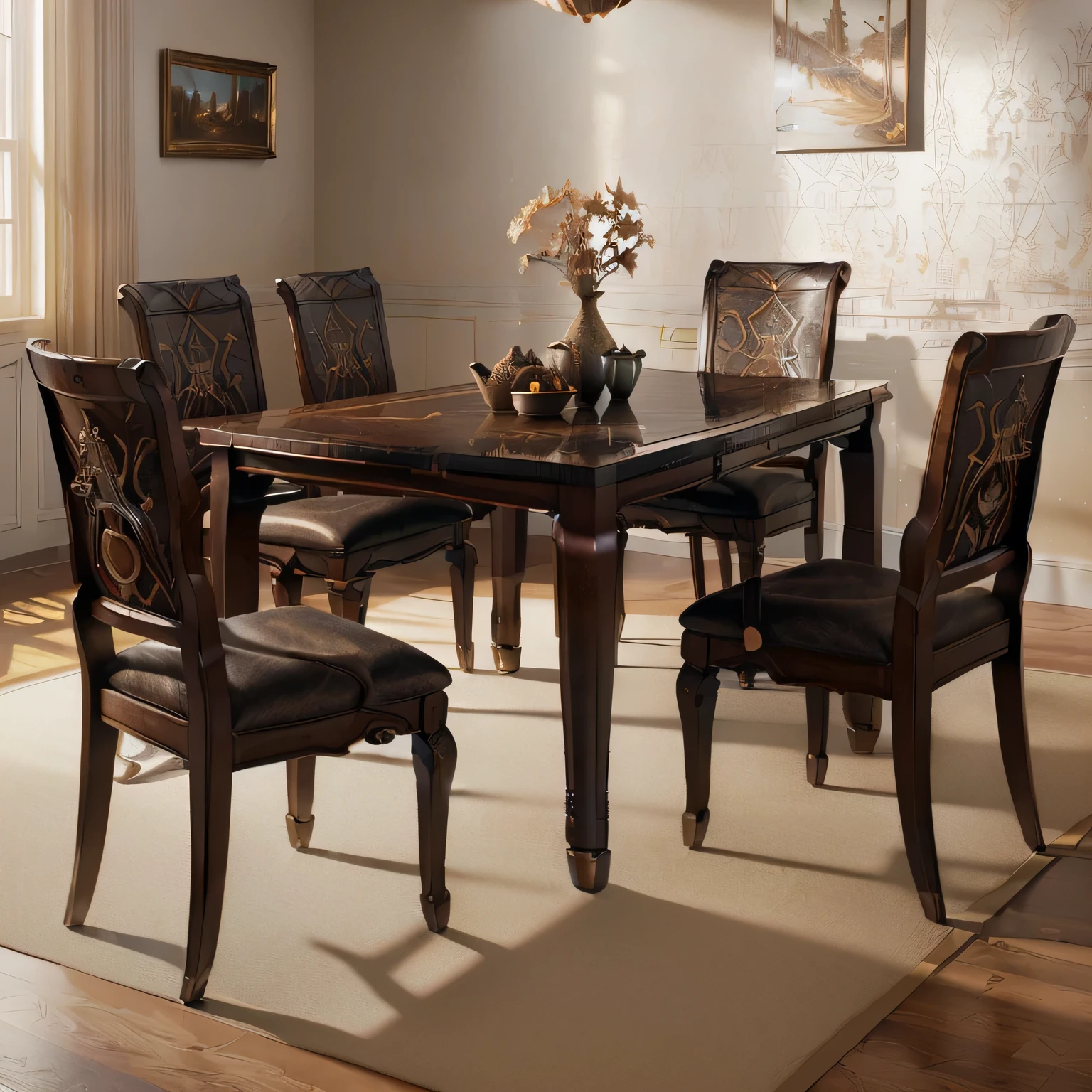 masterpiece, best quality, (extremely detailed CG unity 8k wallpaper), (best quality), (best illustration), (best shadow), absurdres, realistic lighting, (Abyss), beautiful detailed glow, art by PeterMohrBacher, realistic dining chair and table, super real
