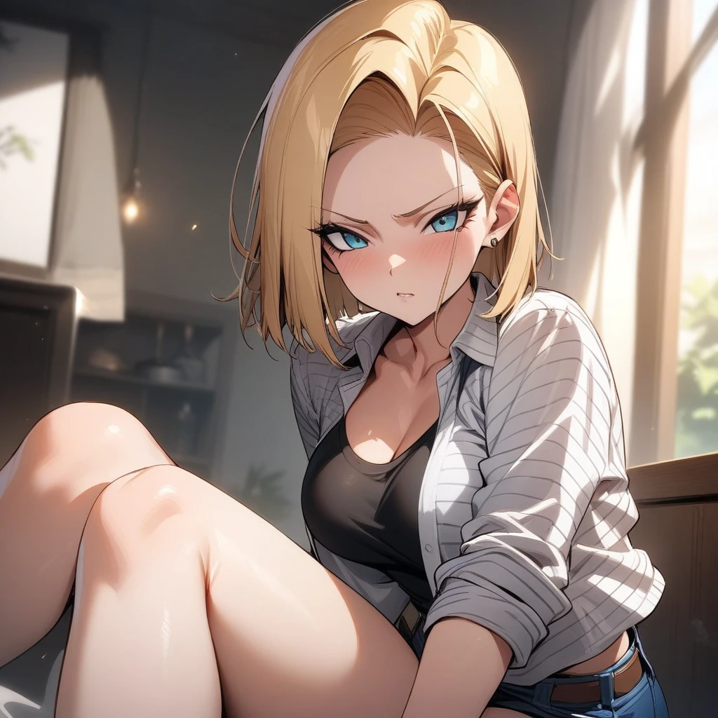 NSFW　(One girl:1.5), (Small breasts :1.5), (Mordred \(destiny\):1.3), UFOTABLE STYLE, Anime Coloring, Anime screenshots, ((High resolution illustrations)), ((masterpiece)), ((Highest quality)), High detail, Many details, (Textured skin:1.4), (Detailed yellow hair: 1.9), (Detailed green eye:1.4), short hair, Complex Hair, Hair between the eyes, Nice hands, Perfect hands, Perfect body, Focus Only, Fine eyebrows, pace, ponytail, Braiding, slim, Healthy Body, skinny, Detailed lighting, Realistic colors, Bright colors, Sharp focus, Ray Tracing, Cinema Lighting, Bold line, Black Military Boots, Jeans Shorts, (tube_superior:1.3), sexy, Intimate, erotic, Not art, No photos, Romantic atmosphere, Romantic atmosphere,Bedroom　Night view　Mood lighting　Sit on a chair　Completely naked　topless　blush　