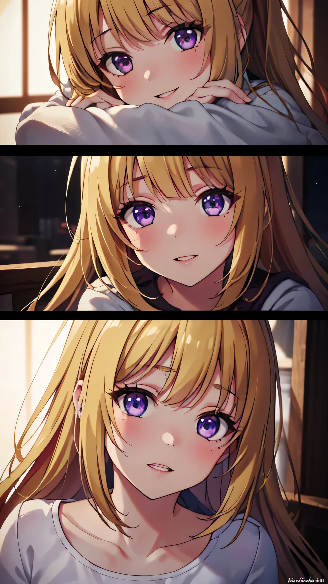 (masterpiece, best quality, absurdres), high quality, highres, ultra detailed, intricate, cinematic lighting, wallpaper, soft lighting, night, night light, cowboy shot, full shot, looking at viewer, beautiful woman, parted lips, kei Karuizawa, blonde hair, bangs, long ponytail , detailed violet eyes, ((Super Realistic Detailed Eyes, glowing eyes)),  (((2girls, mother and daughter))), hugging her daughter, smile, positive vibes, Large smile, ((mother has blonde hair and violet eyes)), ((daughter has red hair and red eyes))